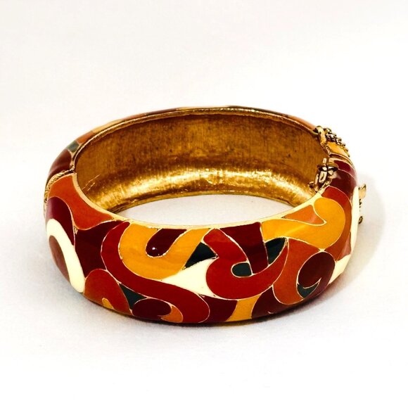 Vintage Eisenberg Cloisonne Enamel Gold Tone Hinged Bracelet